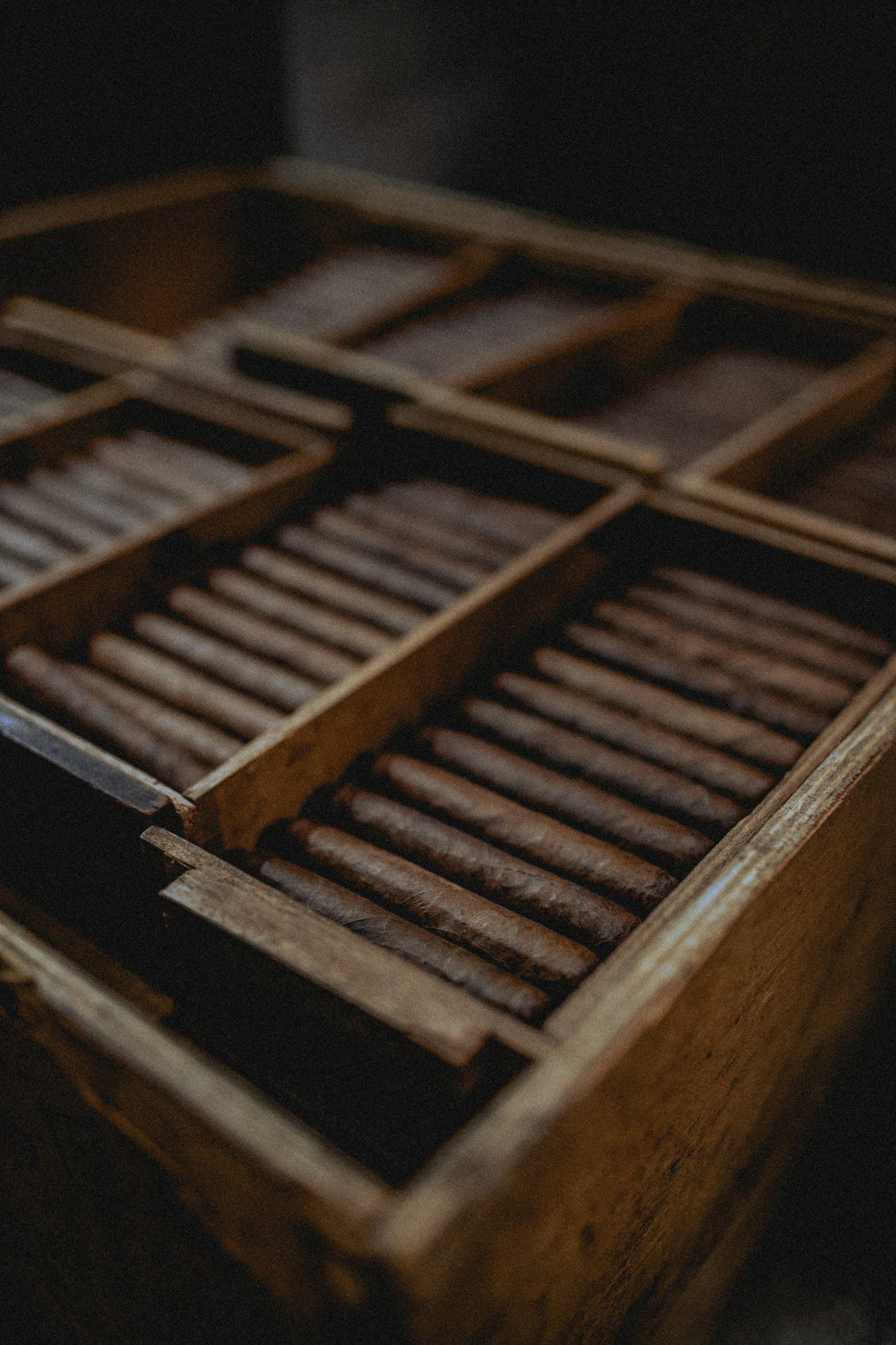 Wooden trays of unbanded cigars resting in a humidor